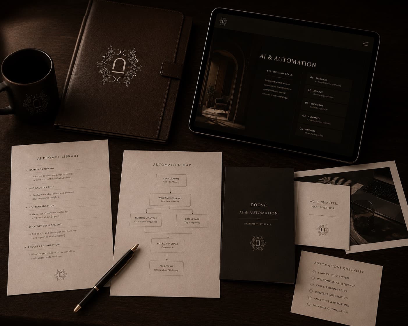 An analytics dashboard on a tablet beside brand materials on a dark studio surface.