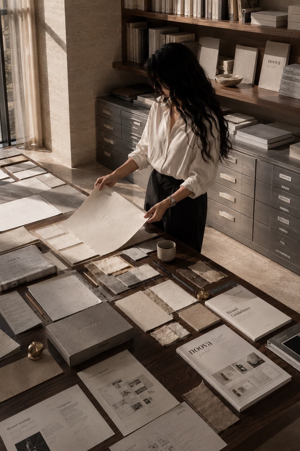 Brand guidelines, paper stocks and typography samples laid across a studio table.