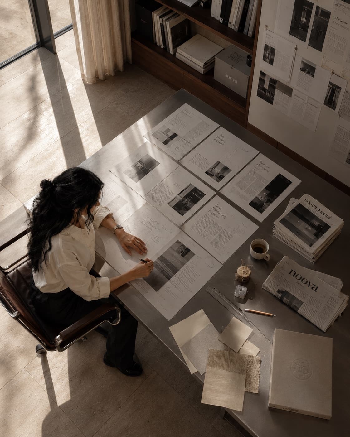 Overhead view of noova journal pages being laid out and edited across a desk.