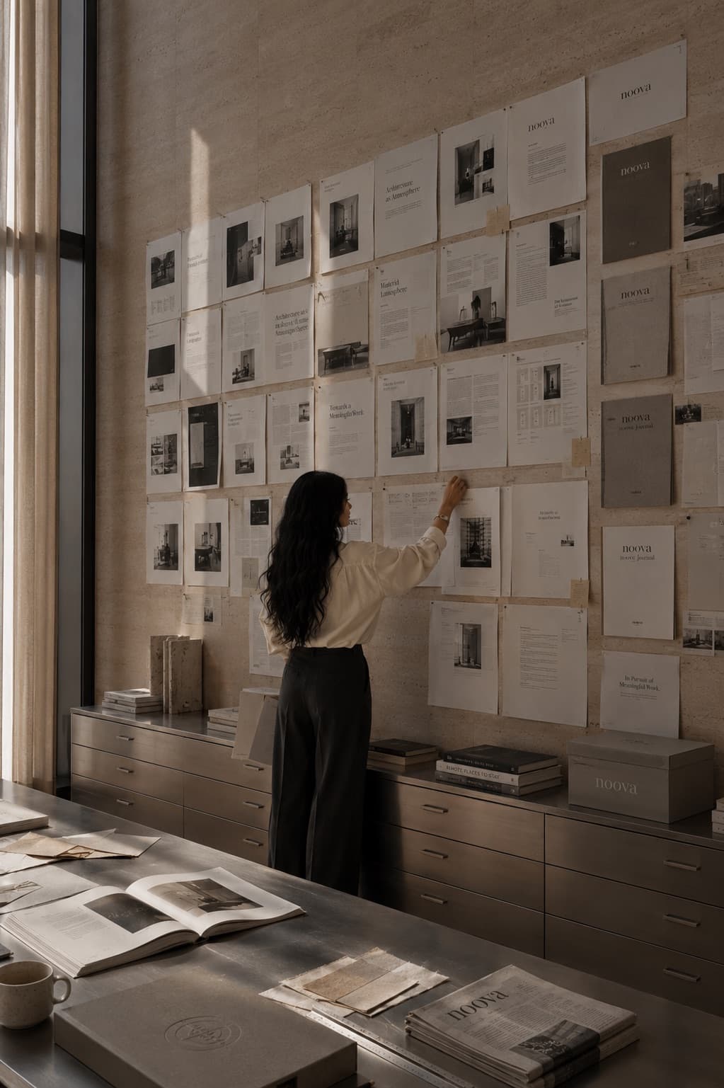 A wall of pinned editorial layouts and case-study pages in the noova studio.