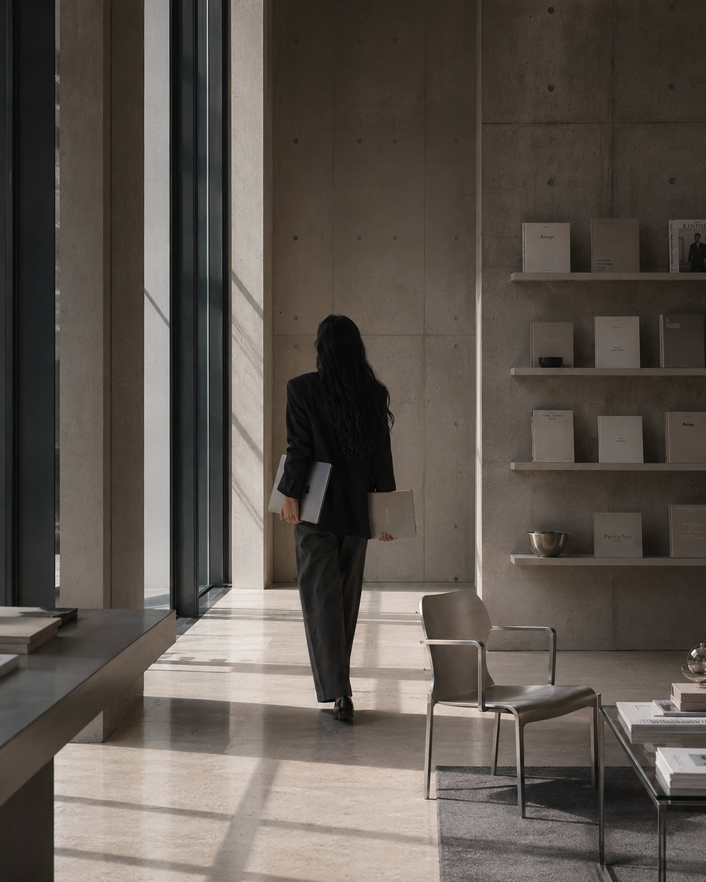 A founder walks through a quiet concrete gallery — window light falling across travertine, books and steel.