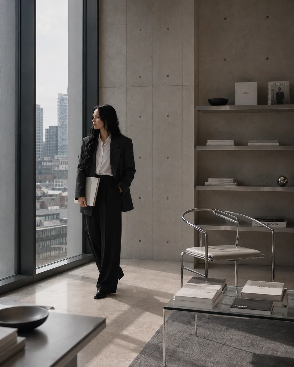 The founder standing at a tall window overlooking the city.