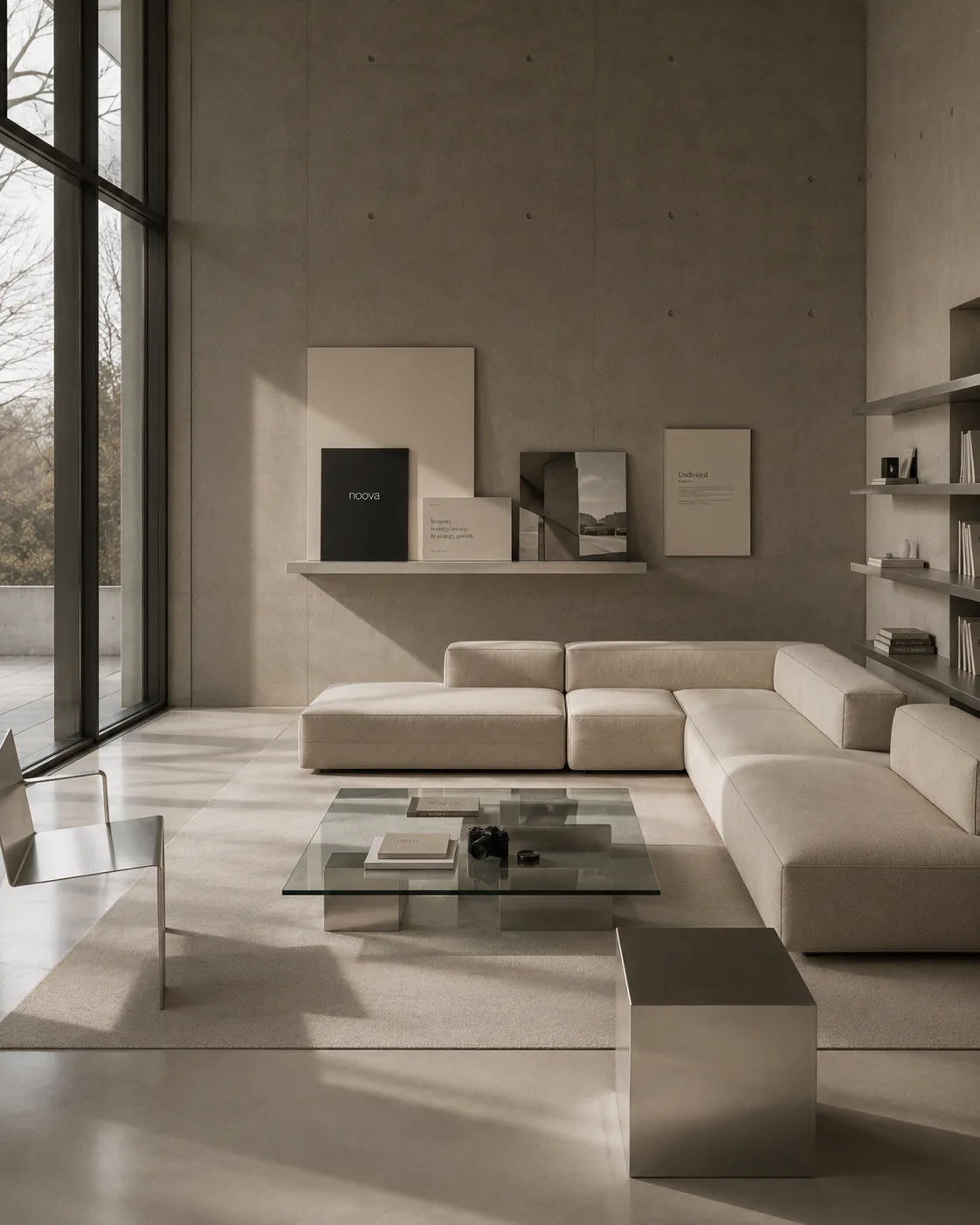 A quiet lounge interior with framed prints, sculptural seating and long afternoon shadows.