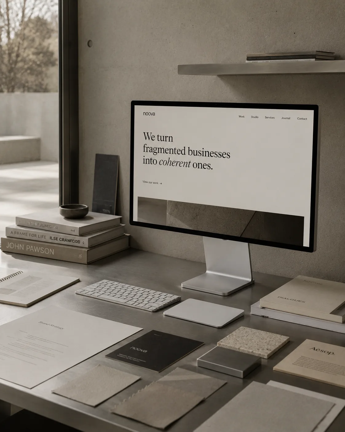 A minimal steel desk by a window with a quiet website design on screen.